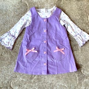 NWT 2T Purple corduroy dress with white heart print ruffle sleeve undershirt.